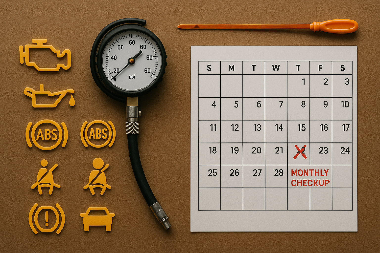 Dashboard warning lights, oil check, and maintenance schedule — visual reminders for daily and weekly car maintenance routines